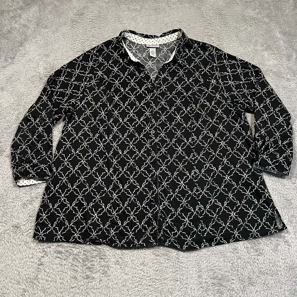 Catherines Button Up Shirt Black‎ Geometric Roll Tab Sleeve Women's 3X 26/28